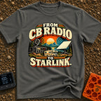 From Static To Starlink - T-Shirt in Pepper - A retro-styled graphic showing a vintage CB radio and microphone on the...