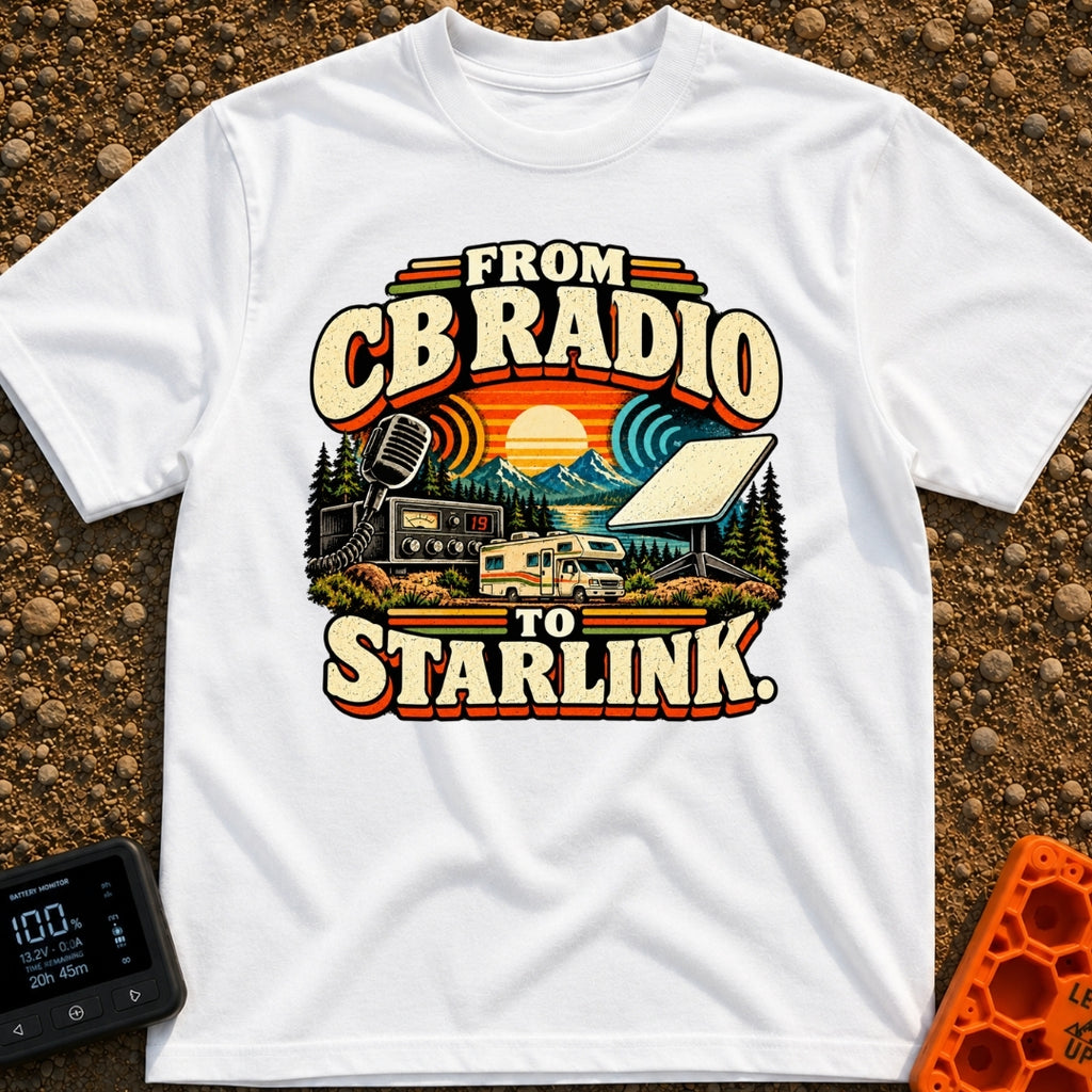 From Static To Starlink - T-Shirt in White - A retro-styled graphic showing a vintage CB radio and microphone on the...