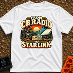 From Static To Starlink - T-Shirt in White - A retro-styled graphic showing a vintage CB radio and microphone on the...
