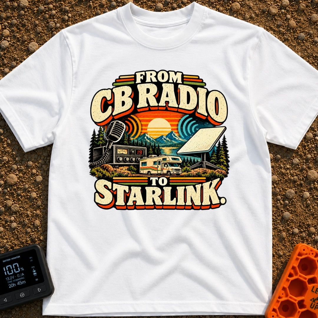 From Static To Starlink - T-Shirt in White - A retro-styled graphic showing a vintage CB radio and microphone on the...