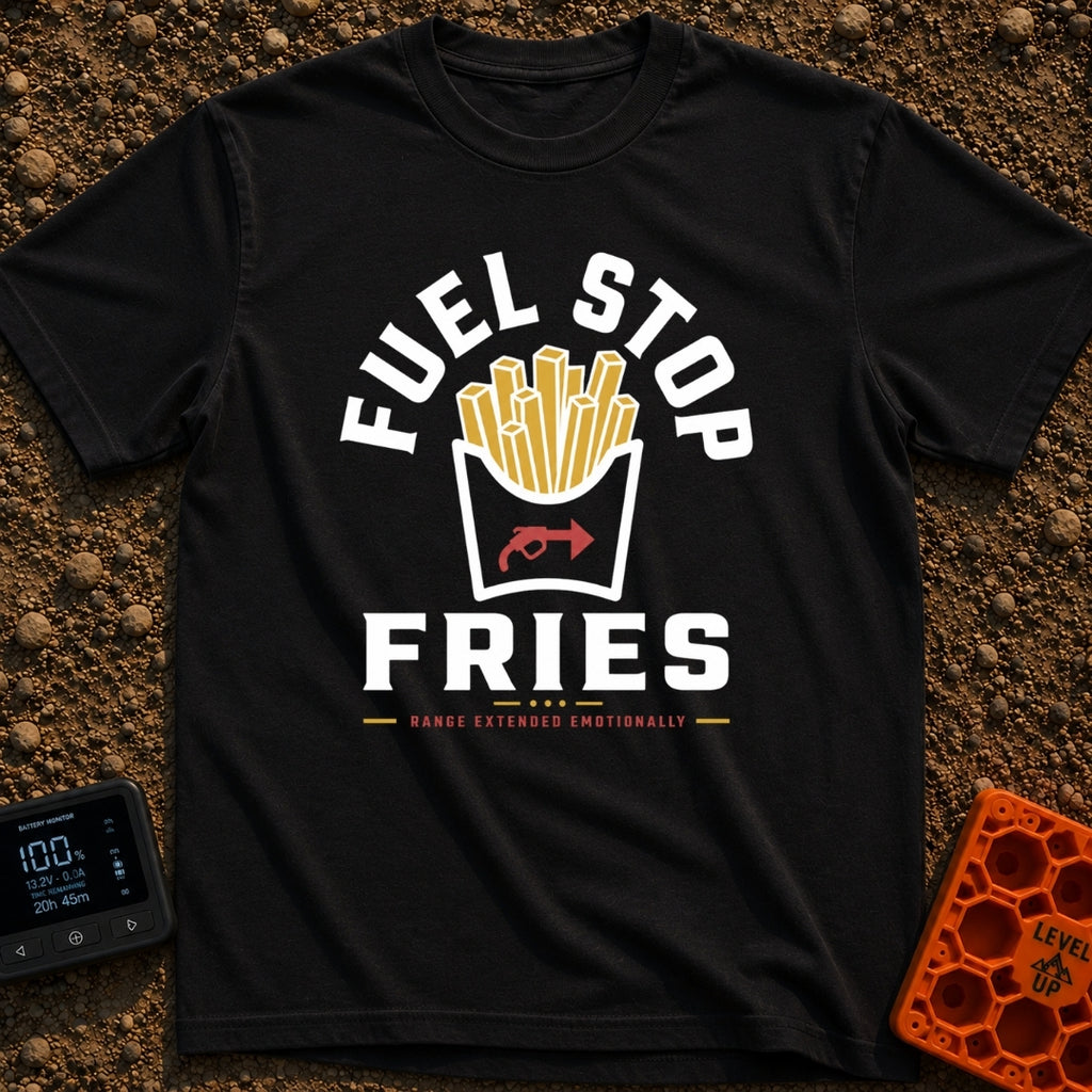 Fueled By Fries - T-Shirt in Black - A graphic of a carton of french fries featuring a red gas pump nozzle icon on the...