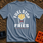 Fueled By Fries - T-Shirt in Blue Jean - A graphic of a carton of french fries featuring a red gas pump nozzle icon on...