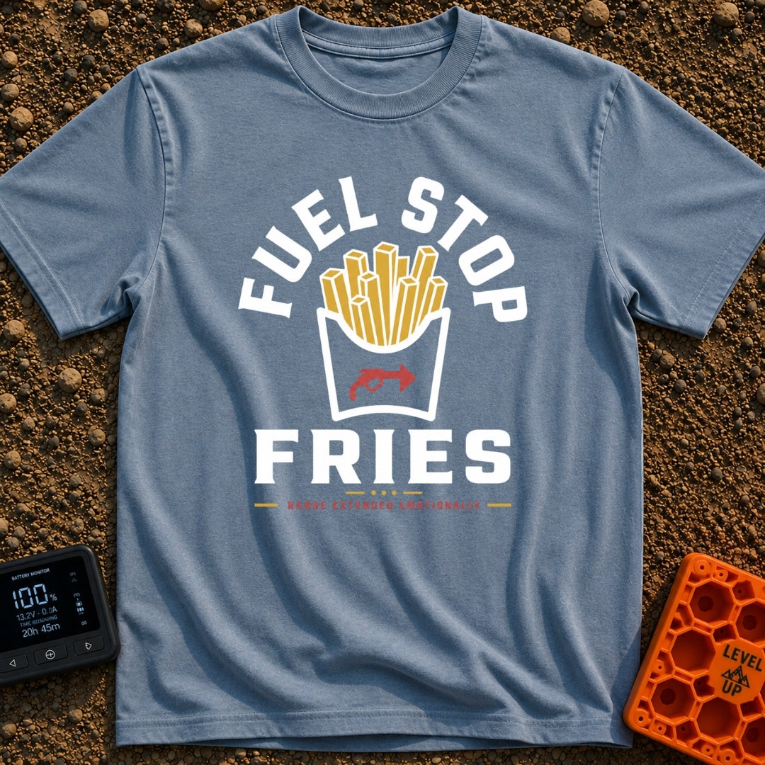 Fueled By Fries - T-Shirt in Blue Jean - A graphic of a carton of french fries featuring a red gas pump nozzle icon on...
