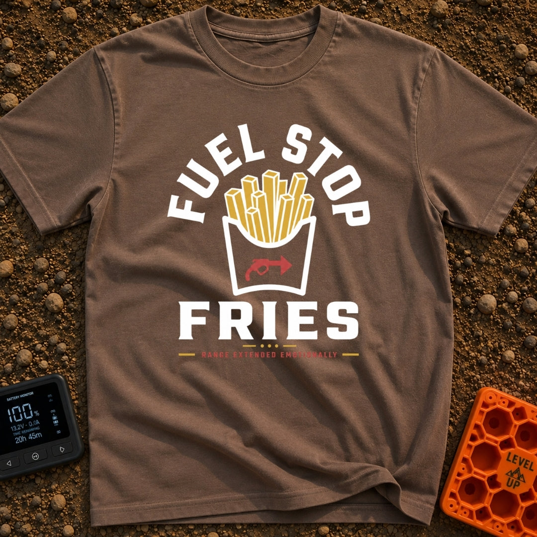 Fueled By Fries - T-Shirt in Espresso - A graphic of a carton of french fries featuring a red gas pump nozzle icon on the...