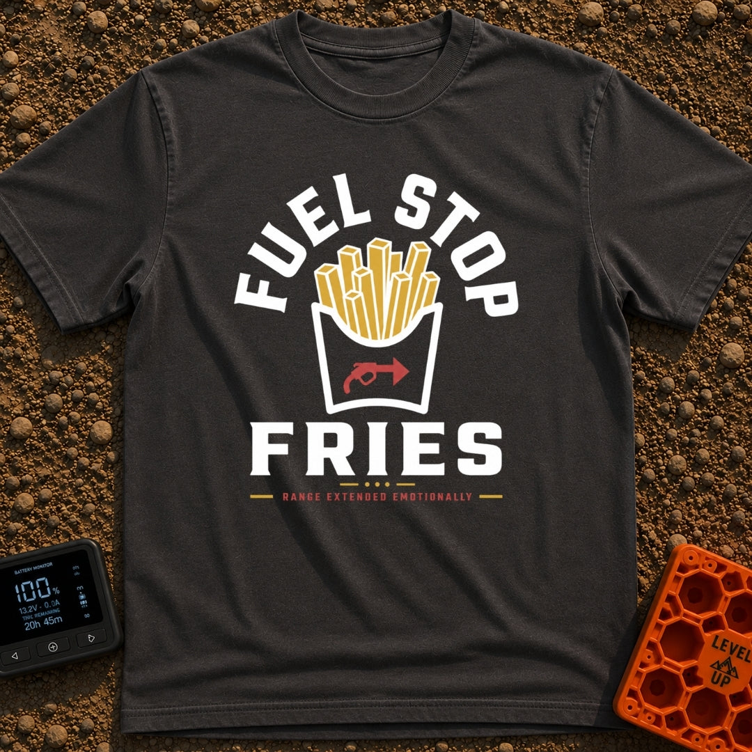Fueled By Fries - T-Shirt in Graphite - A graphic of a carton of french fries featuring a red gas pump nozzle icon on the...
