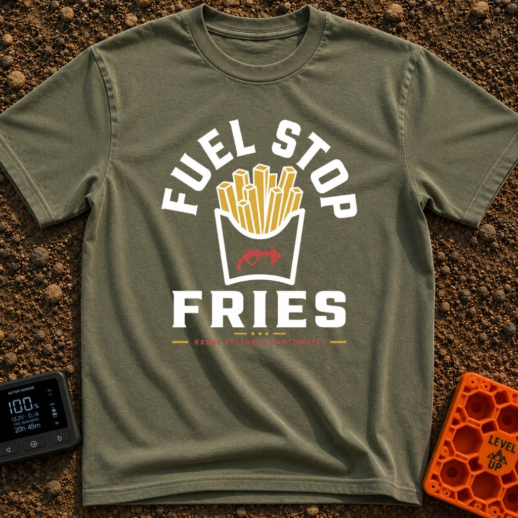Fueled By Fries - T-Shirt in Moss - A graphic of a carton of french fries featuring a red gas pump nozzle icon on the...