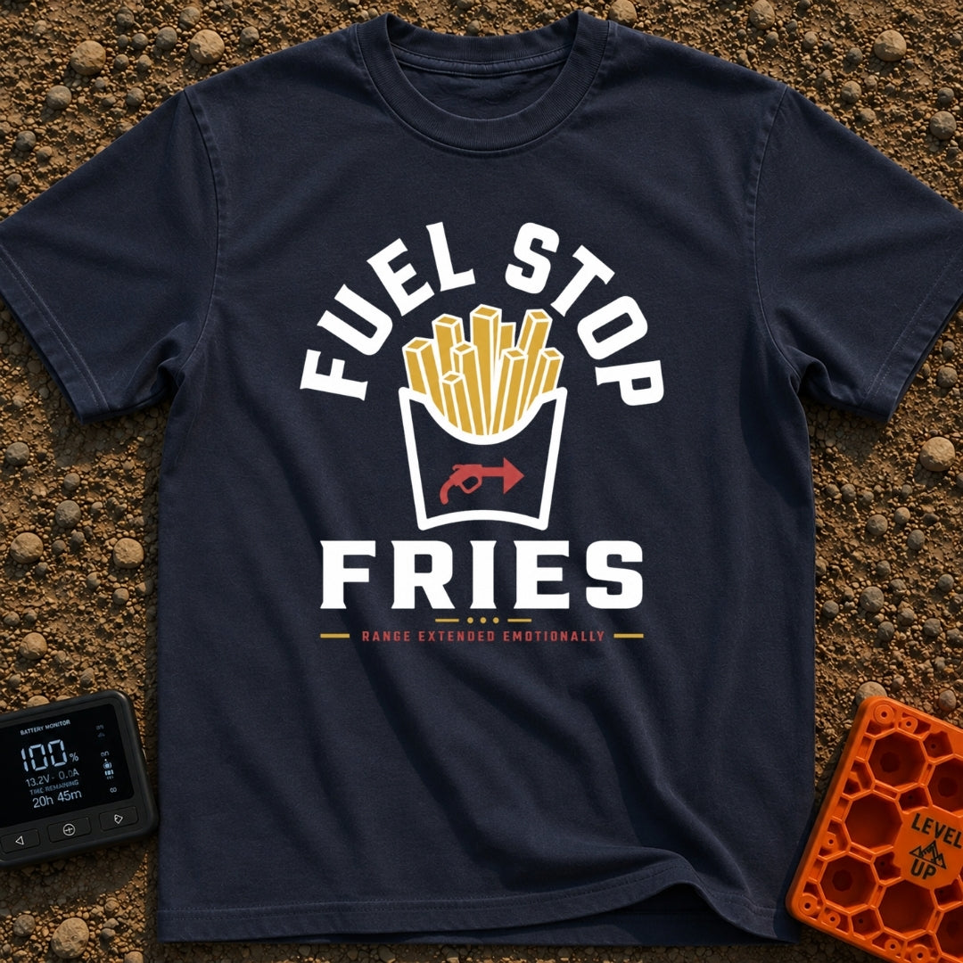 Fueled By Fries - T-Shirt in Navy - A graphic of a carton of french fries featuring a red gas pump nozzle icon on the...