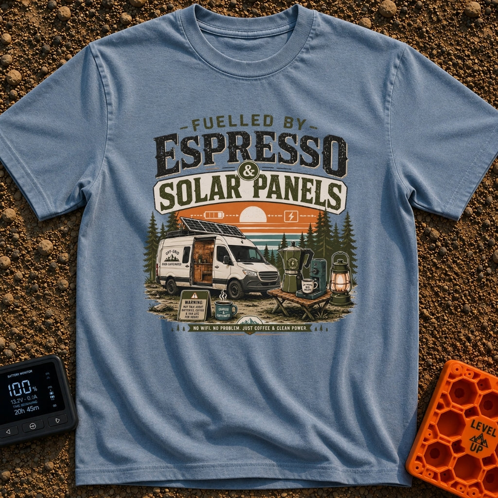 Espresso and Solar - T-Shirt in Blue Jean - A white camper van with a large solar panel angled on its roof is parked in a...