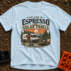 Espresso and Solar - T-Shirt in Chambray - A white camper van with a large solar panel angled on its roof is parked in a...