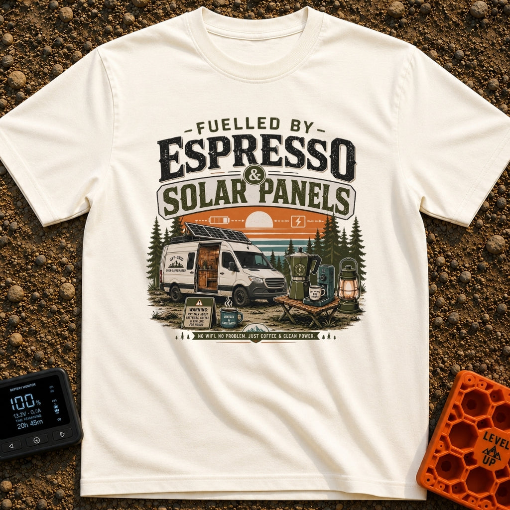 Espresso and Solar - T-Shirt in Ivory - A white camper van with a large solar panel angled on its roof is parked in a...