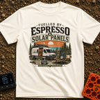 Espresso and Solar - T-Shirt in Ivory - A white camper van with a large solar panel angled on its roof is parked in a...