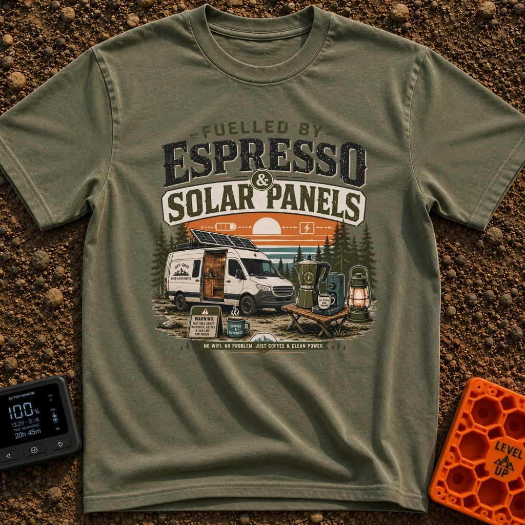 Espresso and Solar - T-Shirt in Moss - A white camper van with a large solar panel angled on its roof is parked in a pine...