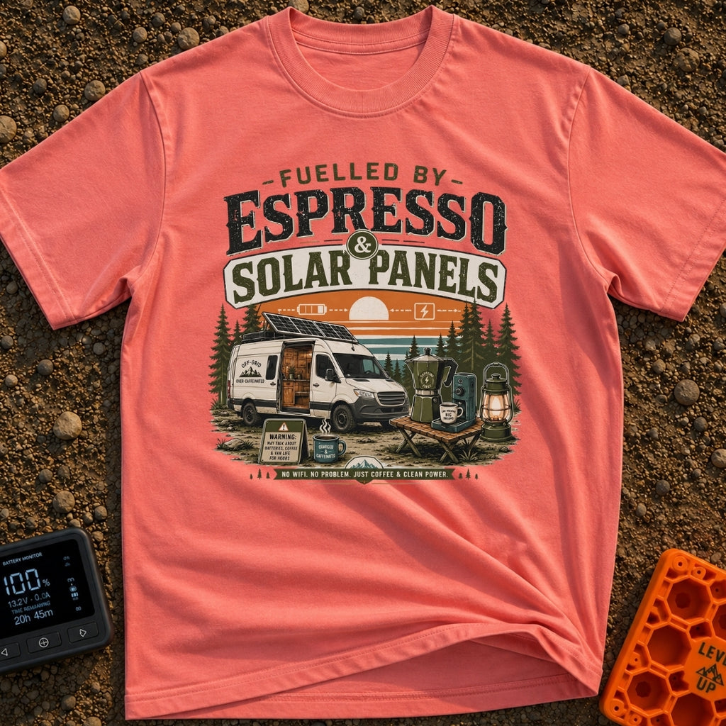 Espresso and Solar - T-Shirt in Watermelon - A white camper van with a large solar panel angled on its roof is parked in...