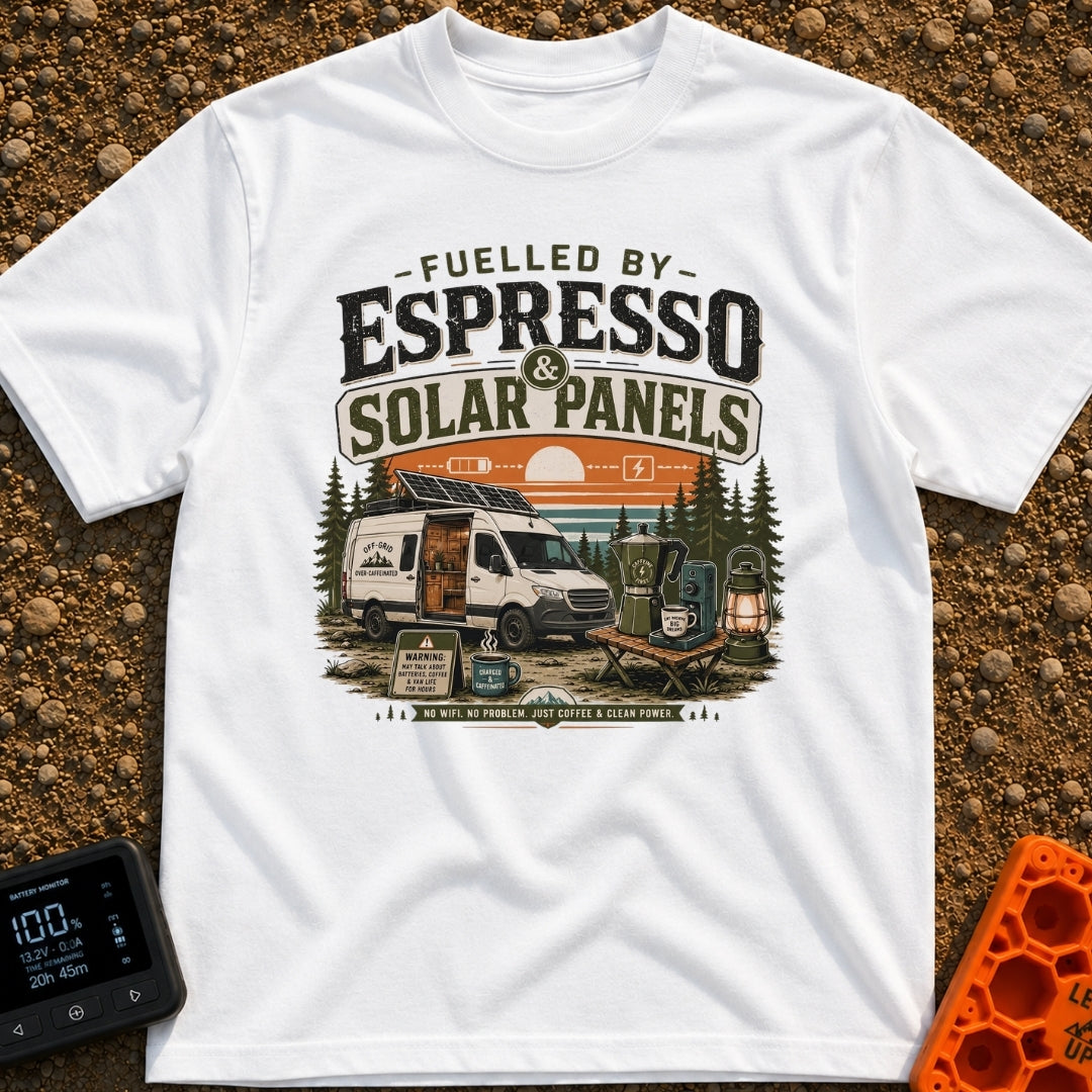 Espresso and Solar - T-Shirt in White - A white camper van with a large solar panel angled on its roof is parked in a...