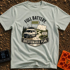 Charged And Questionable - T-Shirt in Bay - A camper van drives along a winding dirt path through mountains and pine...