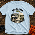 Charged And Questionable - T-Shirt in Chambray - A camper van drives along a winding dirt path through mountains and pine...