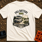 Charged And Questionable - T-Shirt in Ivory - A camper van drives along a winding dirt path through mountains and pine...
