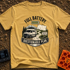 Charged And Questionable - T-Shirt in Mustard - A camper van drives along a winding dirt path through mountains and pine...
