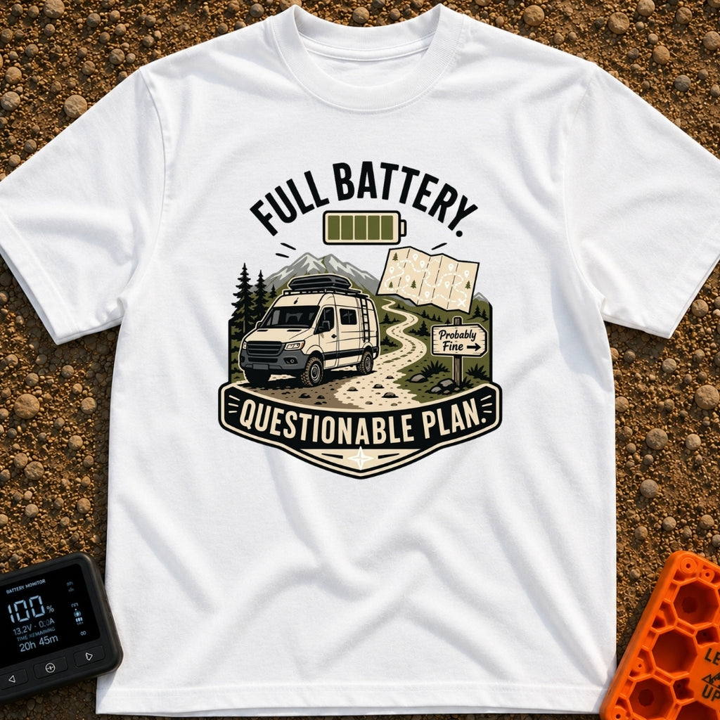Charged And Questionable - T-Shirt in White - A camper van drives along a winding dirt path through mountains and pine...