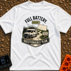 Charged And Questionable - T-Shirt in White - A camper van drives along a winding dirt path through mountains and pine...