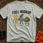 Looking For A Hookup - T-Shirt in Bay - A vintage-style cartoon illustration featuring three mascots: a smiling yellow...
