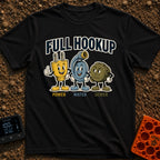 Looking For A Hookup - T-Shirt in Black - A vintage-style cartoon illustration featuring three mascots: a smiling yellow...