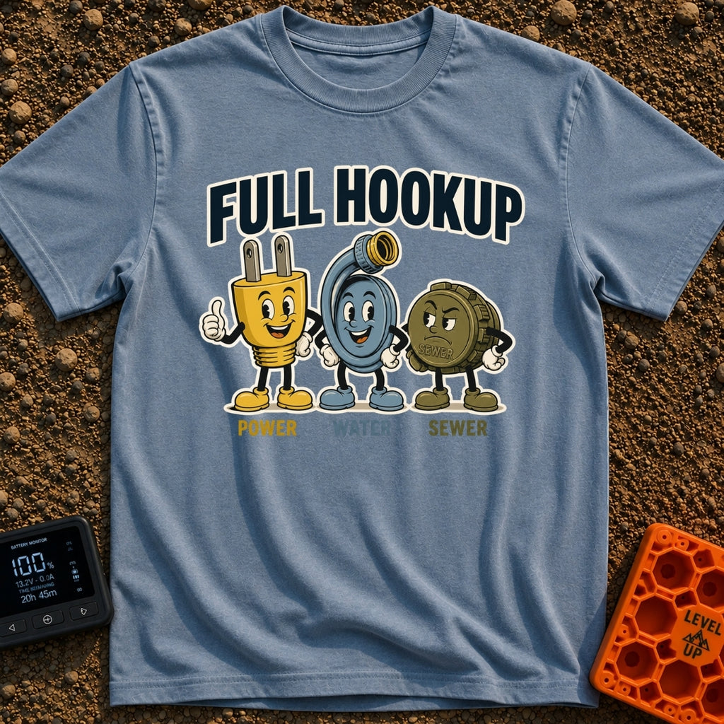 Looking For A Hookup - T-Shirt in Blue Jean - A vintage-style cartoon illustration featuring three mascots: a smiling...