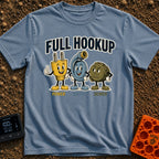 Looking For A Hookup - T-Shirt in Blue Jean - A vintage-style cartoon illustration featuring three mascots: a smiling...