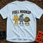 Looking For A Hookup - T-Shirt in Chambray - A vintage-style cartoon illustration featuring three mascots: a smiling...