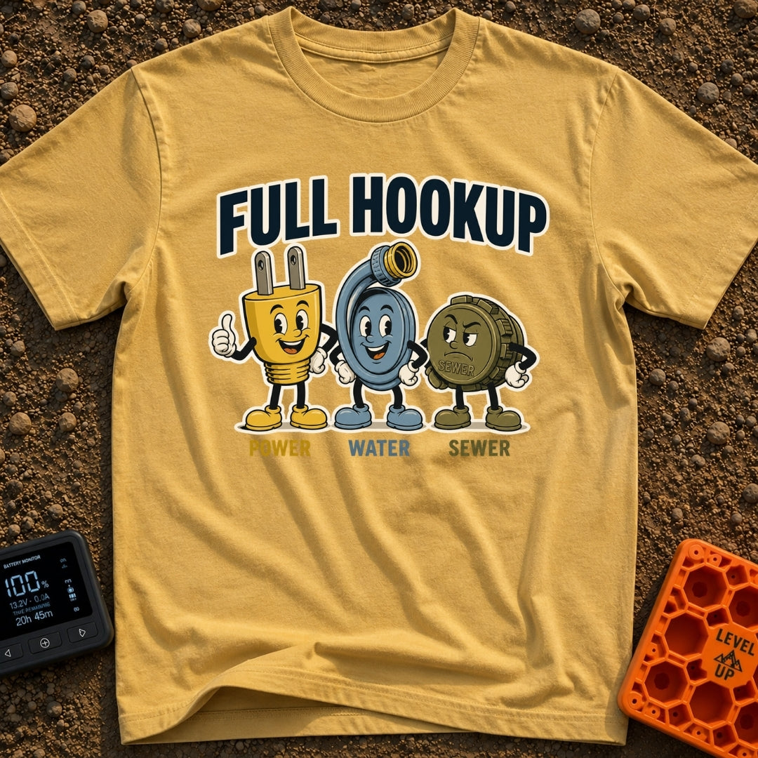 Looking For A Hookup - T-Shirt in Mustard - A vintage-style cartoon illustration featuring three mascots: a smiling...