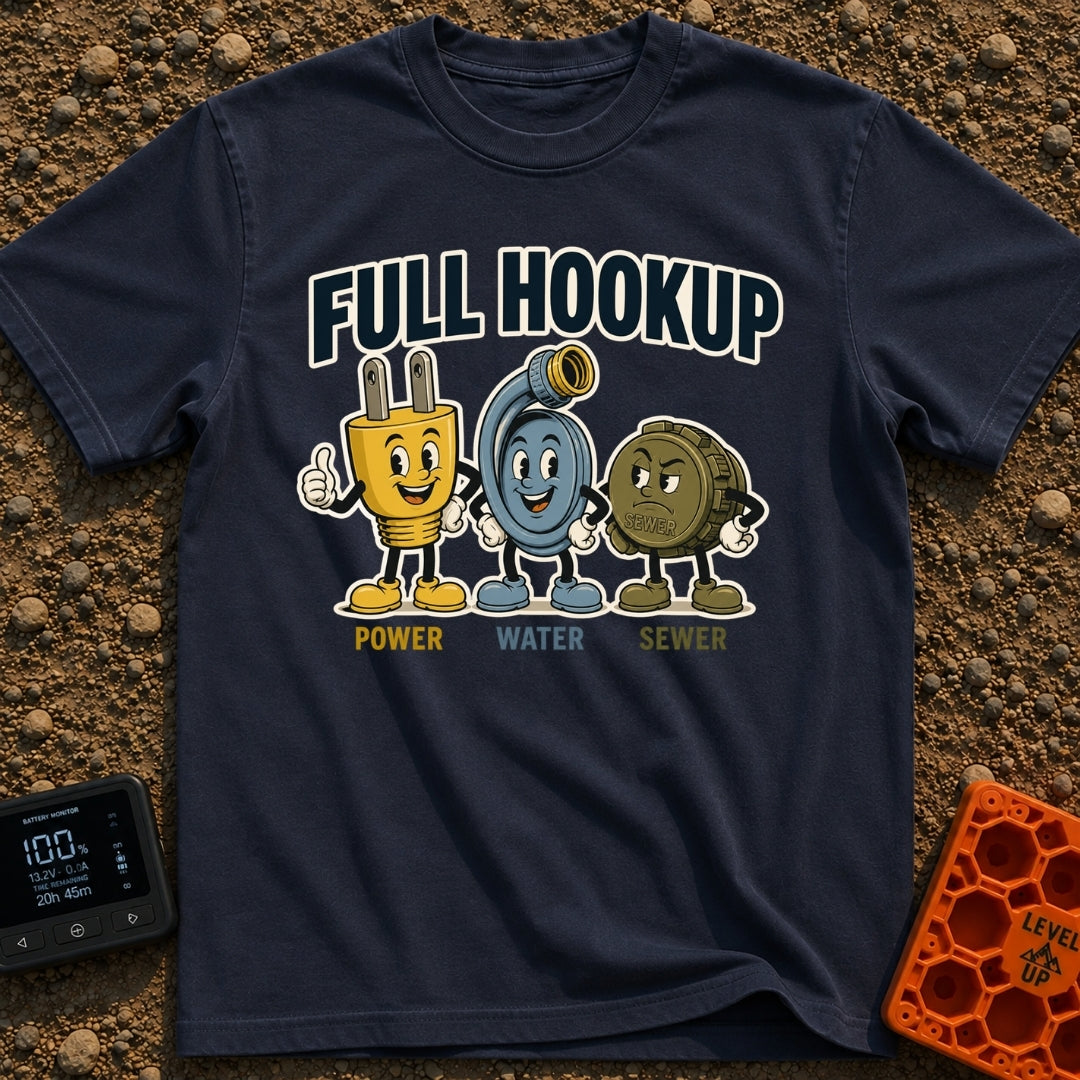 Looking For A Hookup - T-Shirt in Navy - A vintage-style cartoon illustration featuring three mascots: a smiling yellow...