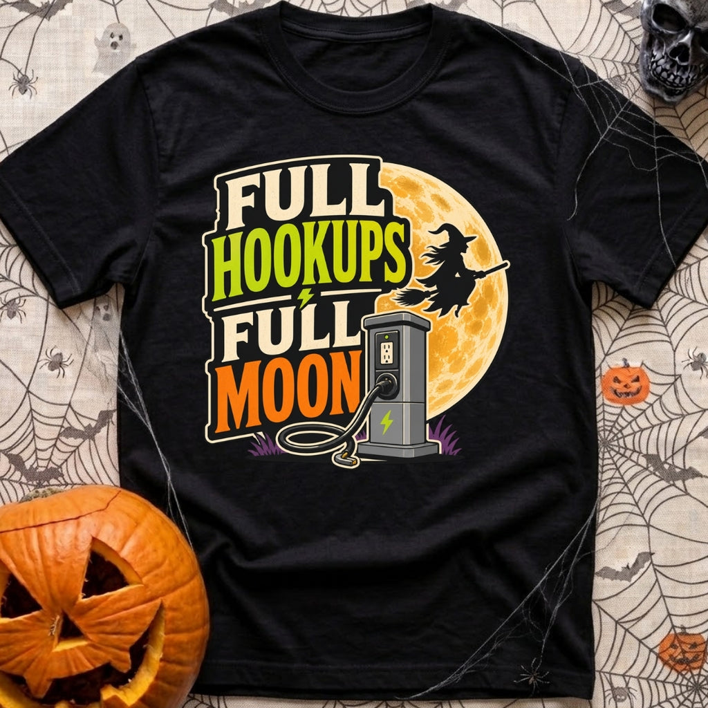 Full Moon Hookups - T-Shirt in Black - A graphic illustration featuring the text 'FULL HOOKUPS FULL MOON' alongside a...