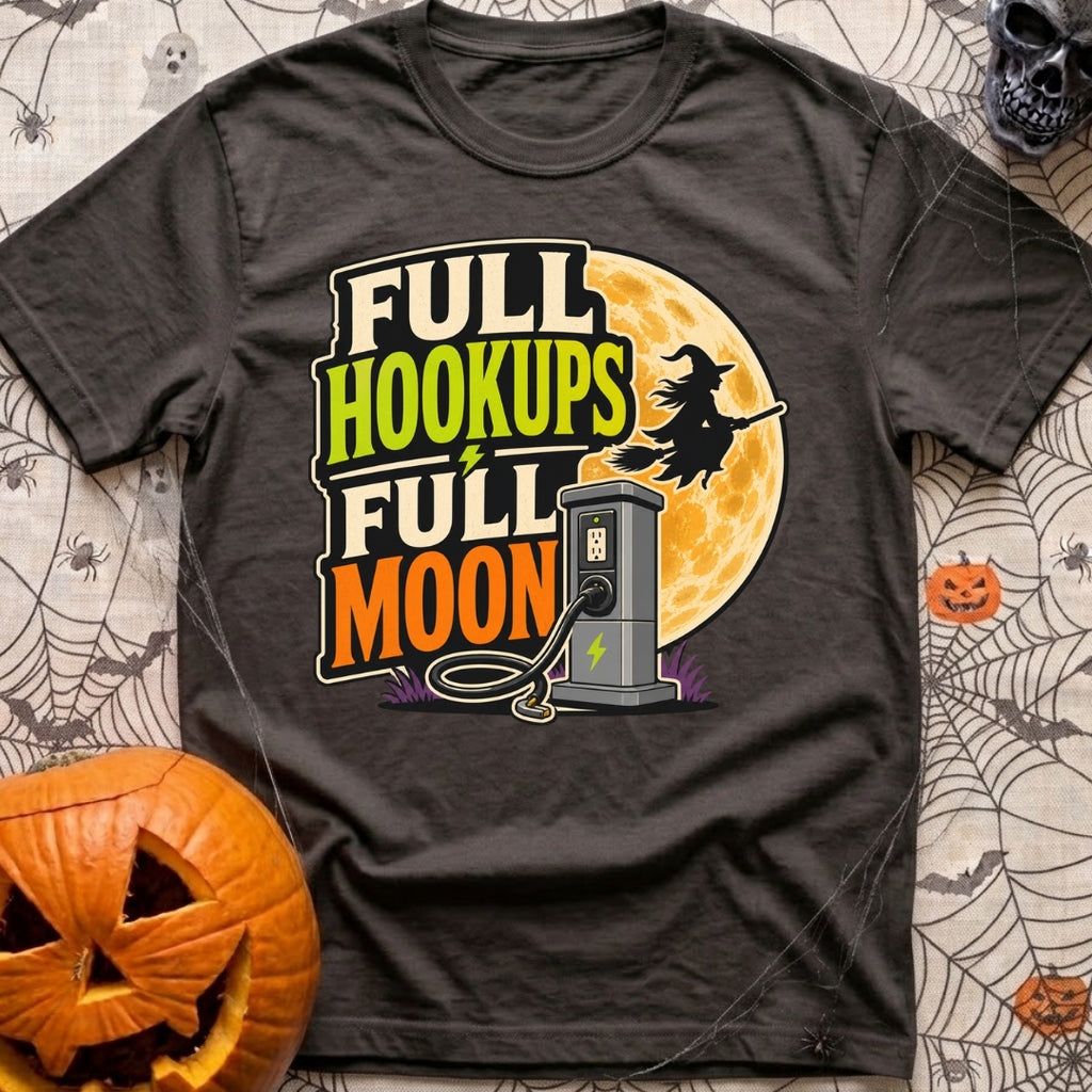 Full Moon Hookups - T-Shirt in Graphite - A graphic illustration featuring the text 'FULL HOOKUPS FULL MOON' alongside a...