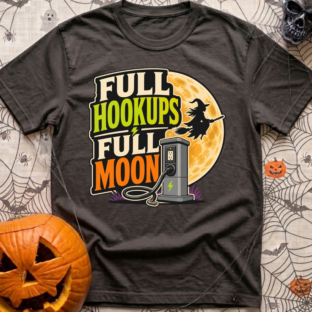 Full Moon Hookups - T-Shirt in Graphite - A graphic illustration featuring the text 'FULL HOOKUPS FULL MOON' alongside a...