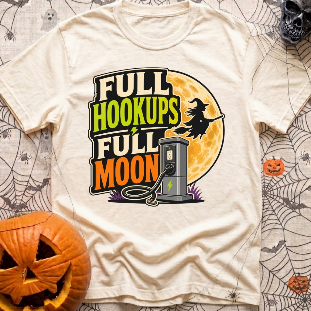 Full Moon Hookups - T-Shirt in Ivory - A graphic illustration featuring the text 'FULL HOOKUPS FULL MOON' alongside a...