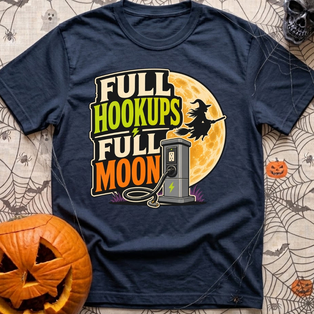 Full Moon Hookups - T-Shirt in Navy - A graphic illustration featuring the text 'FULL HOOKUPS FULL MOON' alongside a...