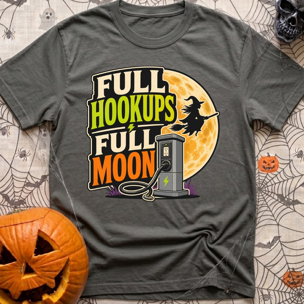 Full Moon Hookups - T-Shirt in Pepper - A graphic illustration featuring the text 'FULL HOOKUPS FULL MOON' alongside a...