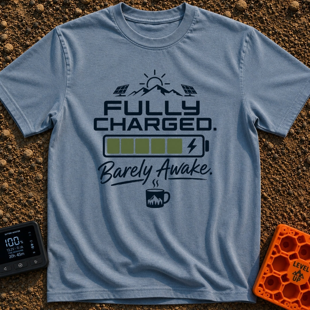 Wired And Tired - T-Shirt in Blue Jean - A graphic featuring a sun over mountains flanked by two solar panels, a full...