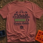 Wired And Tired - T-Shirt in Brick - A graphic featuring a sun over mountains flanked by two solar panels, a full green...