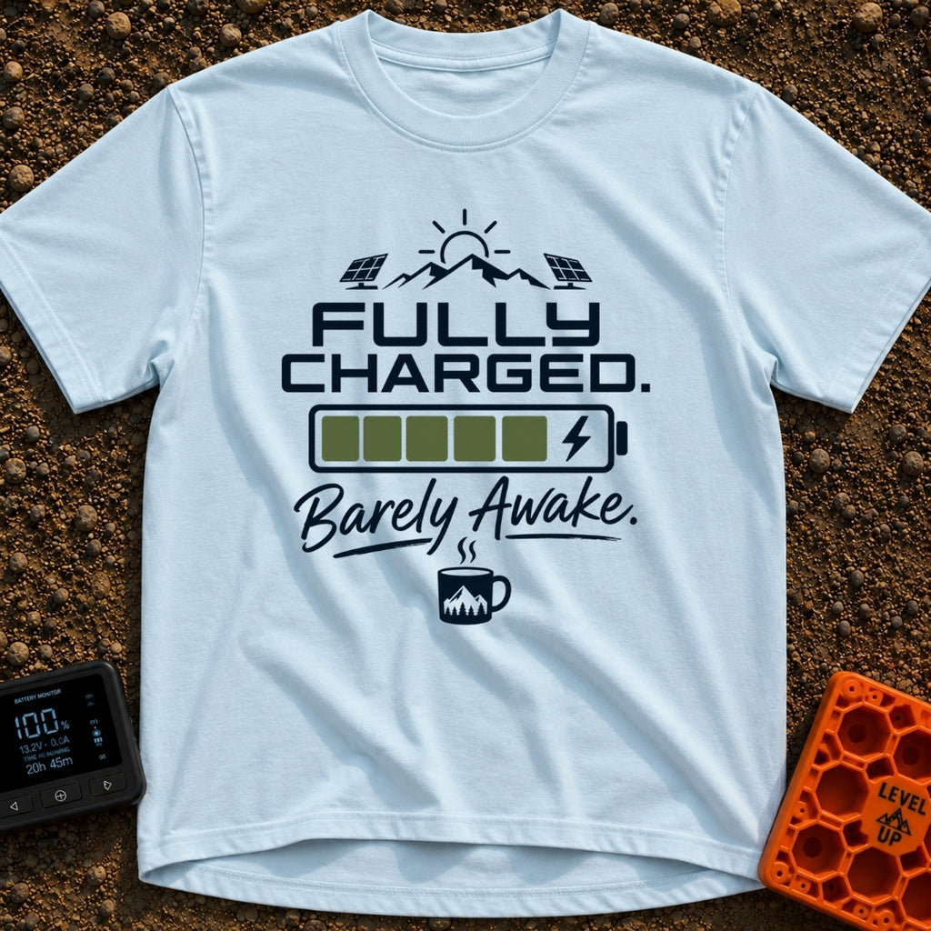 Wired And Tired - T-Shirt in Chambray - A graphic featuring a sun over mountains flanked by two solar panels, a full...