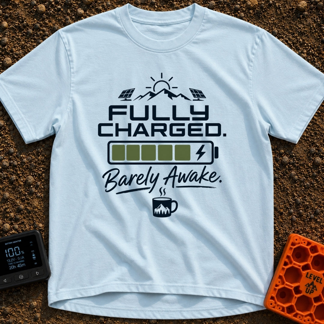Wired And Tired - T-Shirt in Chambray - A graphic featuring a sun over mountains flanked by two solar panels, a full...