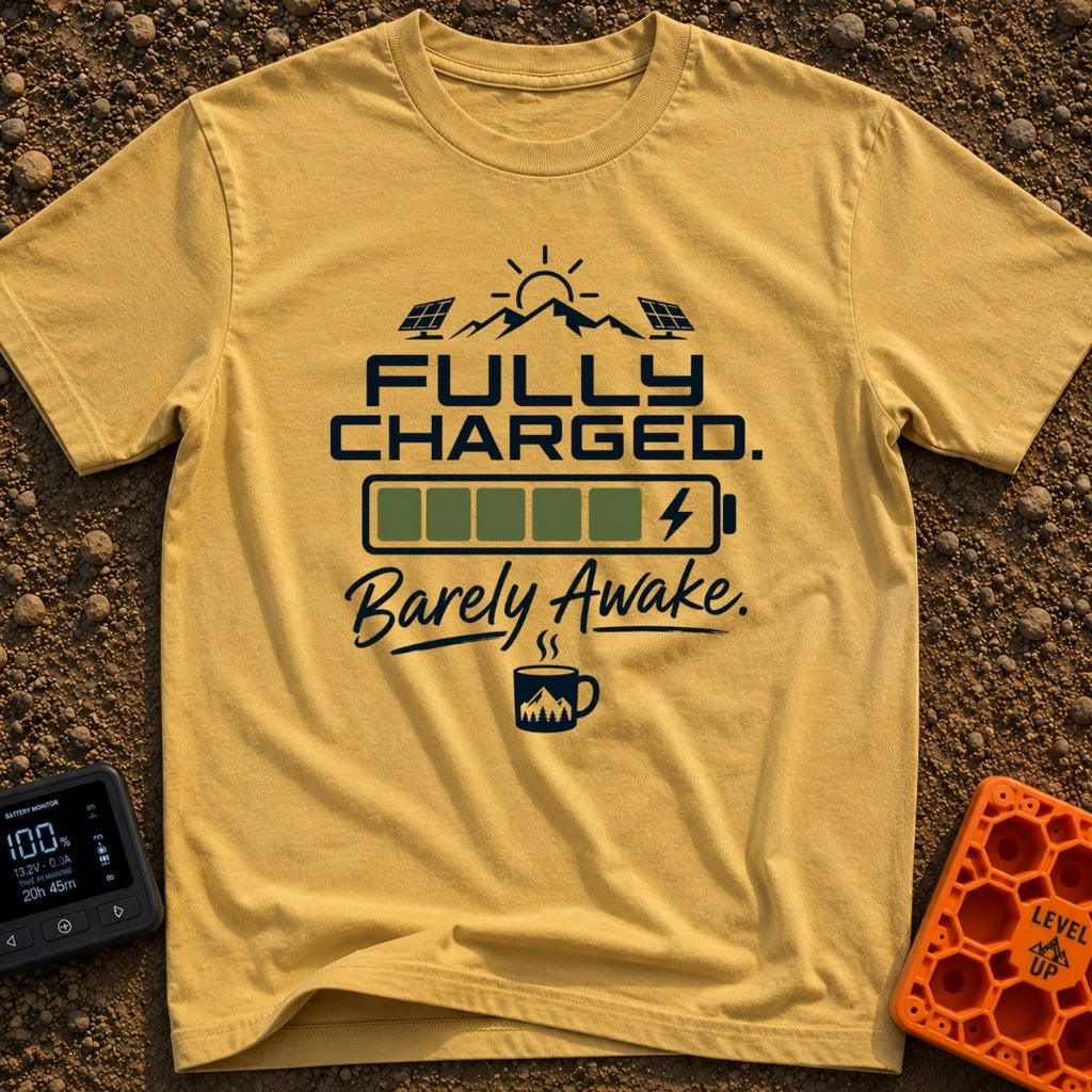 Wired And Tired - T-Shirt in Mustard - A graphic featuring a sun over mountains flanked by two solar panels, a full green...
