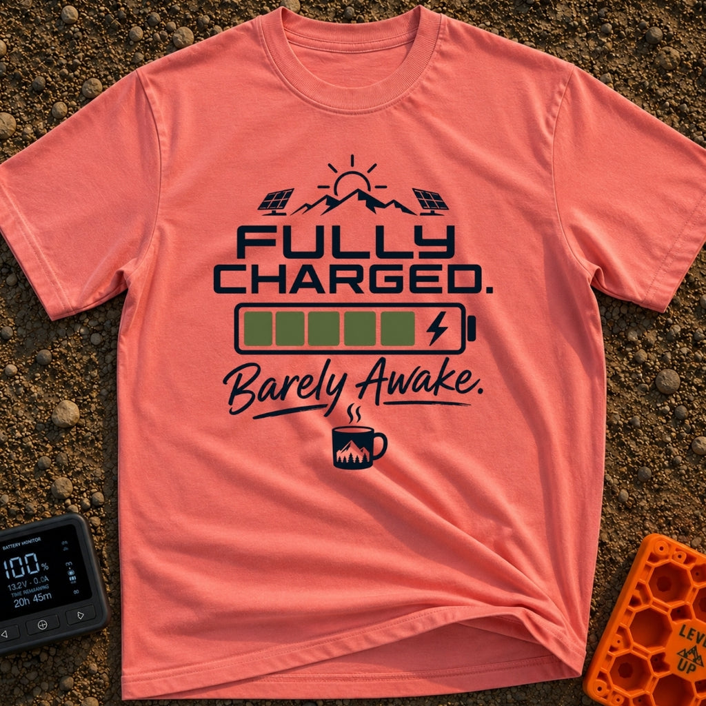 Wired And Tired - T-Shirt in Watermelon - A graphic featuring a sun over mountains flanked by two solar panels, a full...