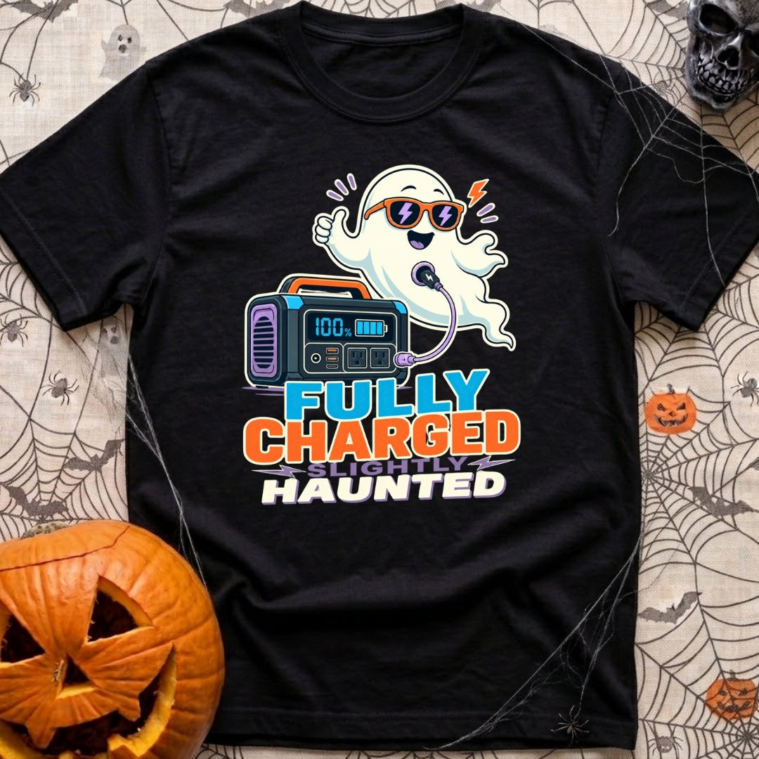 Fully Charged Spirits - T-Shirt in Black - A cartoon ghost wearing sunglasses gives a thumbs up while a cable connects...