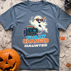 Fully Charged Spirits - T-Shirt in Blue Jean - A cartoon ghost wearing sunglasses gives a thumbs up while a cable...