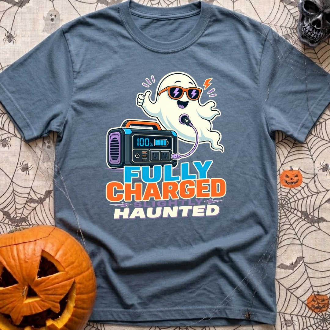 Fully Charged Spirits - T-Shirt in Blue Jean - A cartoon ghost wearing sunglasses gives a thumbs up while a cable...
