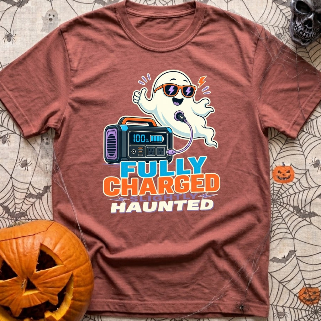 Fully Charged Spirits - T-Shirt in Brick - A cartoon ghost wearing sunglasses gives a thumbs up while a cable connects...
