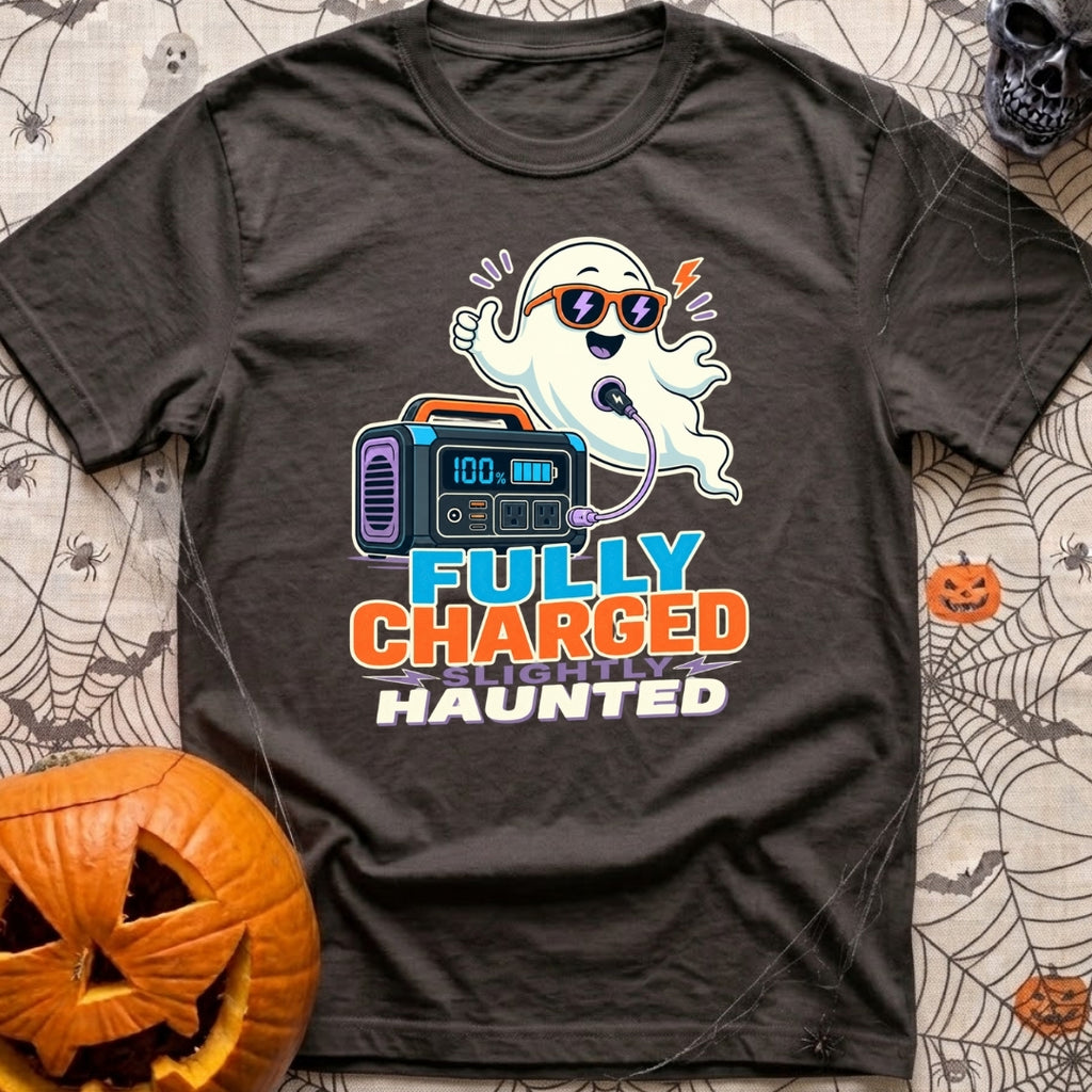 Fully Charged Spirits - T-Shirt in Graphite - A cartoon ghost wearing sunglasses gives a thumbs up while a cable connects...
