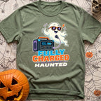 Fully Charged Spirits - T-Shirt in Moss - A cartoon ghost wearing sunglasses gives a thumbs up while a cable connects its...