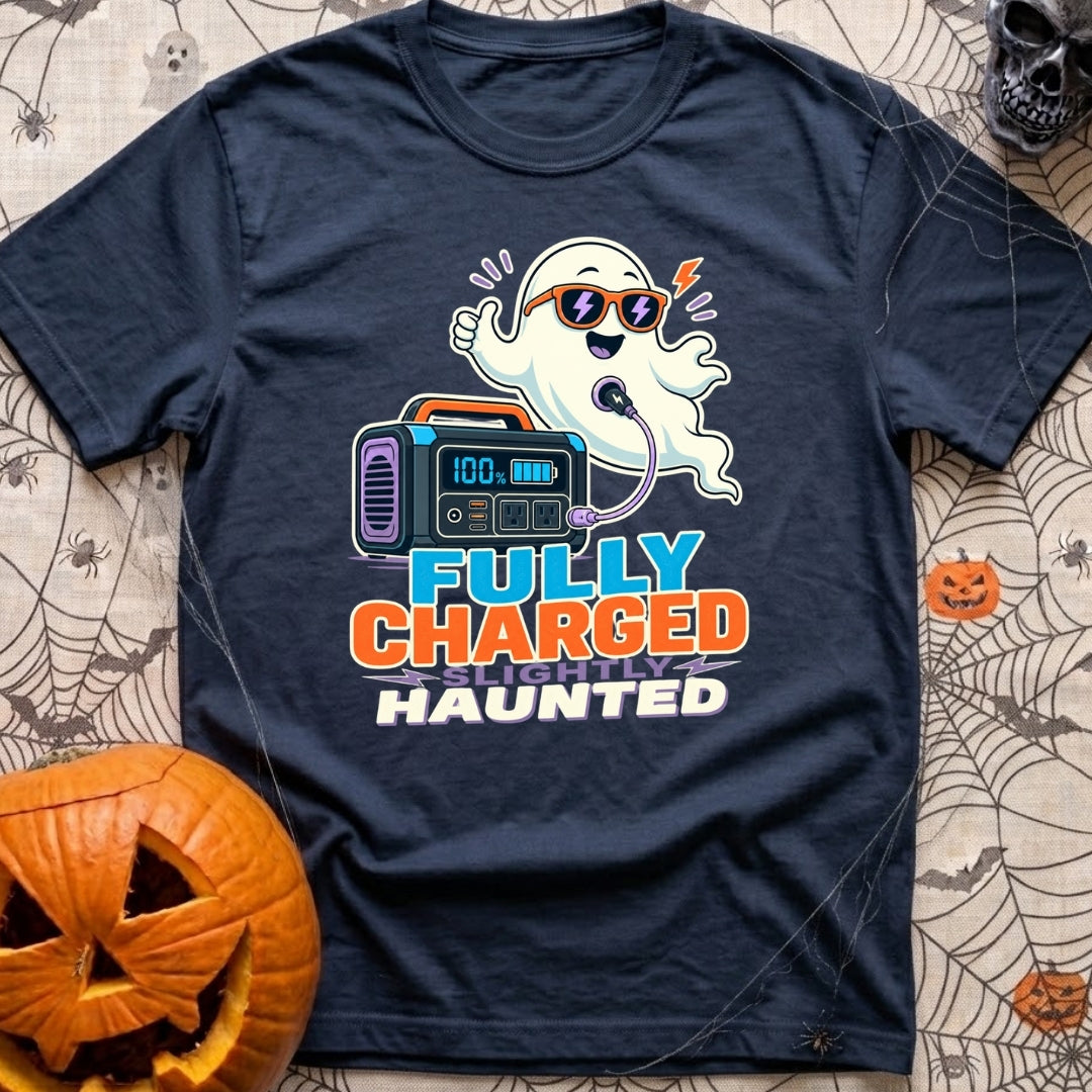 Fully Charged Spirits - T-Shirt in Navy - A cartoon ghost wearing sunglasses gives a thumbs up while a cable connects its...
